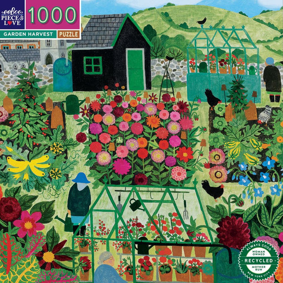 Colorful jigsaw puzzle featuring a vibrant garden scene with blooming flowers, a greenhouse, a black shed, and figures watering plants. The design showcases a variety of plants and gardening elements, set against a backdrop of rolling green hills under a blue sky. Ideal for puzzle enthusiasts and nature lovers.
