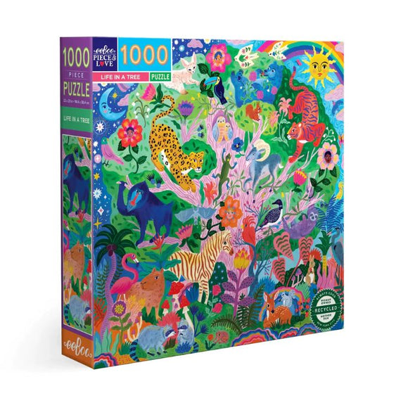 A vibrant 1000-piece jigsaw puzzle titled 'Life in a Tree' by Eeboo. The box features a colorful illustration filled with various animals and plants, showcasing a lush, tropical scene with leopards, flamingos, and other wildlife amidst a backdrop of bright flowers and greenery. Perfect for nature and puzzle lovers alike.
