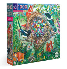 Wildlife Treasure 1000-piece jigsaw puzzle by Eeboo featuring vibrant illustrations of various wildlife, including birds, squirrels, and a fox. The puzzle showcases a colorful nest filled with gems and surrounded by lush greenery, designed to challenge and entertain puzzle enthusiasts.