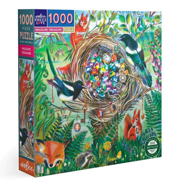 Wildlife Treasure 1000-piece jigsaw puzzle by Eeboo featuring vibrant illustrations of various wildlife, including birds, squirrels, and a fox. The puzzle showcases a colorful nest filled with gems and surrounded by lush greenery, designed to challenge and entertain puzzle enthusiasts.