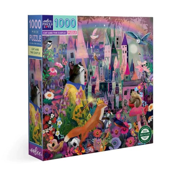 Colorful 1000-piece jigsaw puzzle titled 'Cat and the Castle' by eeBoo, featuring whimsical animals in a vibrant landscape with flowers and a fairy tale castle.