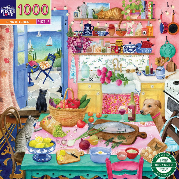 A vibrant and colorful illustration of a pink kitchen filled with various kitchenware, fruits, vegetables, and playful pets. A cozy scene showcases a dog sitting beside a table with a fish on a cutting board, a basket of tomatoes, and a bowl of lemons, while a curious cat lounges on a shelf above. The window reveals a scenic view of the sea and sailboats.