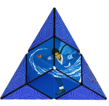 The Shashibo Avatar Water by Geobenders features a colorful, triangular design inspired by the element of water, showcasing an illustration of a character gracefully manipulating water. This unique toy can transform into over 70 shapes, providing endless possibilities for creativity and tactile enjoyment.