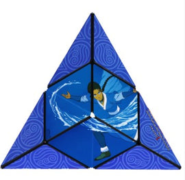 The Shashibo Avatar Water by Geobenders features a colorful, triangular design inspired by the element of water, showcasing an illustration of a character gracefully manipulating water. This unique toy can transform into over 70 shapes, providing endless possibilities for creativity and tactile enjoyment.