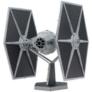 A detailed model of the TIE Fighter from Star Wars, featuring its iconic twin ion engines and hexagonal wings. The model is mounted on a sleek base, showcasing its intricate design and craftsmanship, perfect for collectors and fans of the franchise.