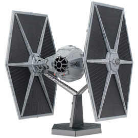 A detailed model of the TIE Fighter from Star Wars, featuring its iconic twin ion engines and hexagonal wings. The model is mounted on a sleek base, showcasing its intricate design and craftsmanship, perfect for collectors and fans of the franchise.