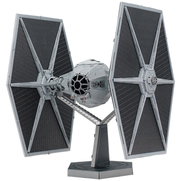 A detailed model of the TIE Fighter from Star Wars, featuring its iconic twin ion engines and hexagonal wings. The model is mounted on a sleek base, showcasing its intricate design and craftsmanship, perfect for collectors and fans of the franchise.