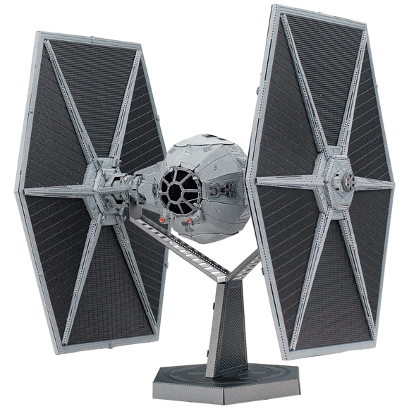 A detailed model of the TIE Fighter from Star Wars, featuring its iconic twin ion engines and hexagonal wings. The model is mounted on a sleek base, showcasing its intricate design and craftsmanship, perfect for collectors and fans of the franchise.