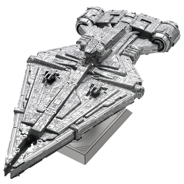 Detailed model of the ICONX Imperial Light Cruiser by Fascinations. The intricate metal design showcases the ship's angular shape, complete with engines and cockpit. It is displayed on a stand, capturing its stunning craftsmanship and engineering.