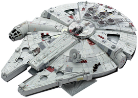 ICONX Millennium Falcon DIY kit by Fascinations, showcasing a detailed 3D model of the iconic starship. The model features intricate designs and textures, including the cockpit, engines, and external details, designed for enthusiasts and collectors.