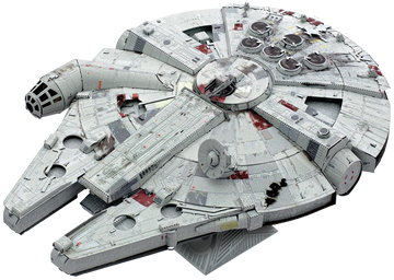 ICONX Millennium Falcon DIY kit by Fascinations, showcasing a detailed 3D model of the iconic starship. The model features intricate designs and textures, including the cockpit, engines, and external details, designed for enthusiasts and collectors.