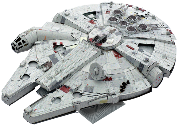 ICONX Millennium Falcon DIY kit by Fascinations, showcasing a detailed 3D model of the iconic starship. The model features intricate designs and textures, including the cockpit, engines, and external details, designed for enthusiasts and collectors.