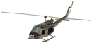 A detailed metal model of a UH-1 Huey Helicopter from Metal Earth by Fascinations. The helicopter features intricate components including a sleek body, rotor blades, and a distinct red cross insignia.