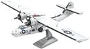 A detailed Metal Earth DIY kit of the Consolidated PBY Catalina, featuring a white and silver finish with intricate designs. The model showcases spinning propellers and is mounted on a base, perfect for display. Ideal for aviation enthusiasts and those who enjoy assembling intricate models.