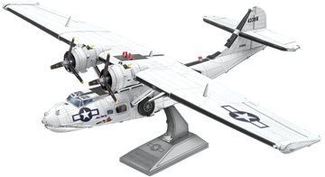 A detailed Metal Earth DIY kit of the Consolidated PBY Catalina, featuring a white and silver finish with intricate designs. The model showcases spinning propellers and is mounted on a base, perfect for display. Ideal for aviation enthusiasts and those who enjoy assembling intricate models.