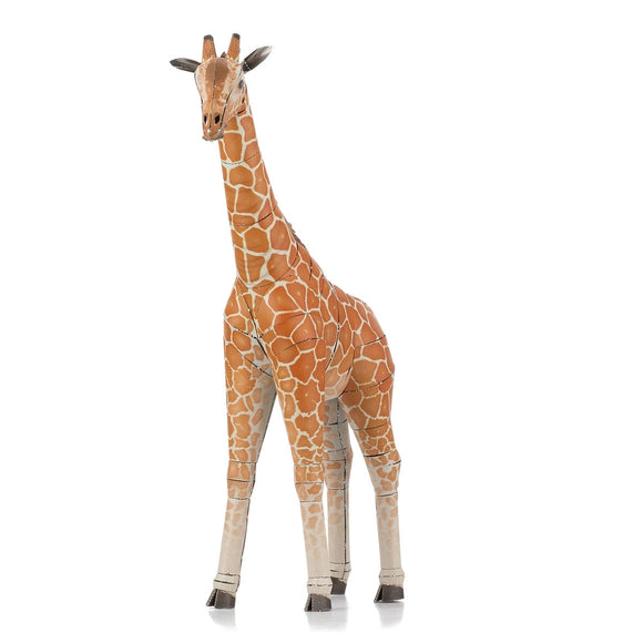 A detailed Metal Earth DIY kit featuring a giraffe model, showcasing intricate designs and lively orange and white patterns reminiscent of a real giraffe's coat. This metal model stands elegantly, displaying sharp features and an artistic design, perfect for crafting enthusiasts.