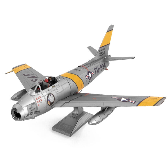 A detailed model of the F-86 Sabre aircraft from Fascinations. The kit features realistic coloring and design, showcasing the iconic jet's body and wings, with intricate components for assembly. Perfect for aviation enthusiasts and DIY lovers.