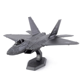 Detailed 3D model kit of the F-22 Raptor plane made of metal by Fascinations. The model features realistic design elements, showcasing its sleek body and wings, perfect for display or as a DIY project.