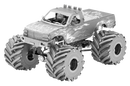 Metal Earth Monster Truck DIY kit by Fascinations, featuring a detailed metallic design with flame graphics, oversized tires, and intricate components that require assembly. Perfect for hobbyists and model enthusiasts looking for an engaging project.