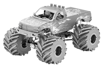 Metal Earth Monster Truck DIY kit by Fascinations, featuring a detailed metallic design with flame graphics, oversized tires, and intricate components that require assembly. Perfect for hobbyists and model enthusiasts looking for an engaging project.