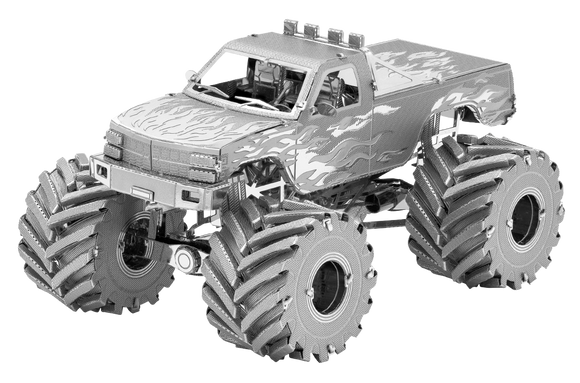 Metal Earth Monster Truck DIY kit by Fascinations, featuring a detailed metallic design with flame graphics, oversized tires, and intricate components that require assembly. Perfect for hobbyists and model enthusiasts looking for an engaging project.