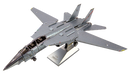 A detailed Metal Earth F-14 Tomcat model made of metal, showcasing realistic features such as cockpit and tail design. The model is mounted on a display stand, highlighting its craftsmanship and intricate detailing, perfect for DIY enthusiasts and aviation lovers.