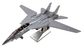 A detailed Metal Earth F-14 Tomcat model made of metal, showcasing realistic features such as cockpit and tail design. The model is mounted on a display stand, highlighting its craftsmanship and intricate detailing, perfect for DIY enthusiasts and aviation lovers.
