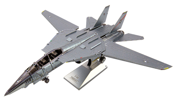 A detailed Metal Earth F-14 Tomcat model made of metal, showcasing realistic features such as cockpit and tail design. The model is mounted on a display stand, highlighting its craftsmanship and intricate detailing, perfect for DIY enthusiasts and aviation lovers.