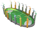 A detailed metal model of a Quidditch pitch, featuring colorful towers and goalposts. The vibrant green field is surrounded by intricately designed stands, capturing the essence of the wizarding sport.