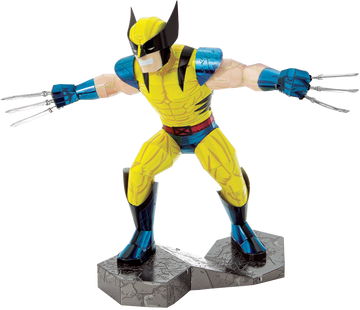 A beautifully detailed Metal Earth DIY kit featuring Wolverine from Marvel. The model showcases Wolverine in his iconic yellow and blue costume, with extended claws and a dynamic pose on a rocky base. Perfect for collectors and Marvel fans, this metal model combines artistry and engineering for hours of enjoyable assembly.