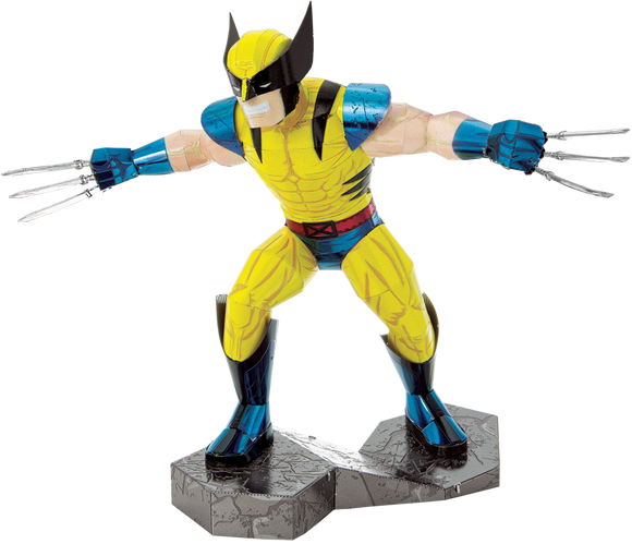 A beautifully detailed Metal Earth DIY kit featuring Wolverine from Marvel. The model showcases Wolverine in his iconic yellow and blue costume, with extended claws and a dynamic pose on a rocky base. Perfect for collectors and Marvel fans, this metal model combines artistry and engineering for hours of enjoyable assembly.