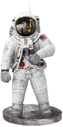 The Premium S: Apollo 11 Astronaut DIY kit by Fascinations features a detailed model of an astronaut in a spacesuit, complete with authentic design elements like the American flag and various buttons and gadgets on the suit. The astronaut stands confidently on a lunar-themed base, showcasing the intricacies of space exploration.