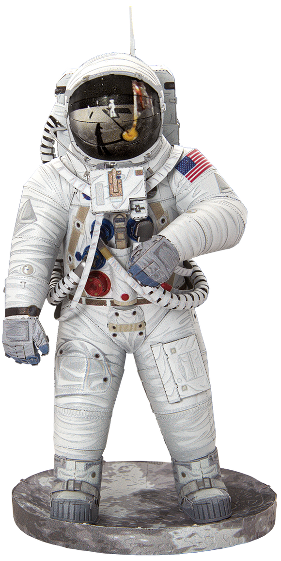 The Premium S: Apollo 11 Astronaut DIY kit by Fascinations features a detailed model of an astronaut in a spacesuit, complete with authentic design elements like the American flag and various buttons and gadgets on the suit. The astronaut stands confidently on a lunar-themed base, showcasing the intricacies of space exploration.