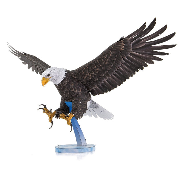 A detailed DIY kit featuring a stunning representation of an American Bald Eagle in mid-flight. The eagle showcases intricate design elements, with realistic feathers and a powerful stance, poised on a blue base. Perfect for bird enthusiasts and DIY lovers.