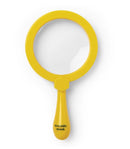 A bright yellow backyard magnifying glass with a comfortable handle, designed for outdoor exploration and investigation of natural elements. Ideal for young adventurers and nature enthusiasts.