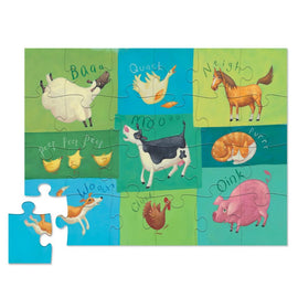A colorful 24-piece jigsaw puzzle by Crocodile Creek featuring various farm animals and their sounds. The puzzle shows a sheep, duck, horse, cow, cat, dog, chicken, and pig, each with playful illustrations and vibrant backgrounds in shades of green and blue. It enhances children's learning about barnyard sounds while developing fine motor skills.