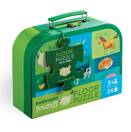 A vibrant 24-piece floor puzzle packaged in a green carrying case, featuring colorful illustrations of farm animals and their sounds. The puzzle is designed for young children ages 3 and up, promoting imaginative play and learning.