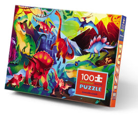 Dinosaur World Holographic Foil Jigsaw Puzzle by Crocodile Creek featuring a vibrant illustration of various dinosaurs in a lush landscape. The colorful box displays a mix of T-Rex, Triceratops, and Pterodactyls amidst mountains and trees, showcasing the fun and excitement of building the puzzle.