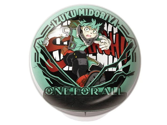 A Paper Theater Ball DIY kit featuring Izuku Midoriya from My Hero Academia. The ball displays Midoriya in action with the text 'ONE FOR ALL' artistically integrated into the design. The vibrant colors highlight the dynamic pose of the character, making it an excellent collectible for fans.