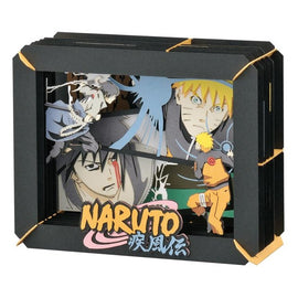 A detailed paper theater diorama featuring characters Naruto and Sasuke from the anime series Naruto, intricately designed with layered paper elements to create depth. The scene captures dynamic poses of both characters, set against a colorful background, perfect for fans of the series. This DIY kit allows for a creative assembly experience.