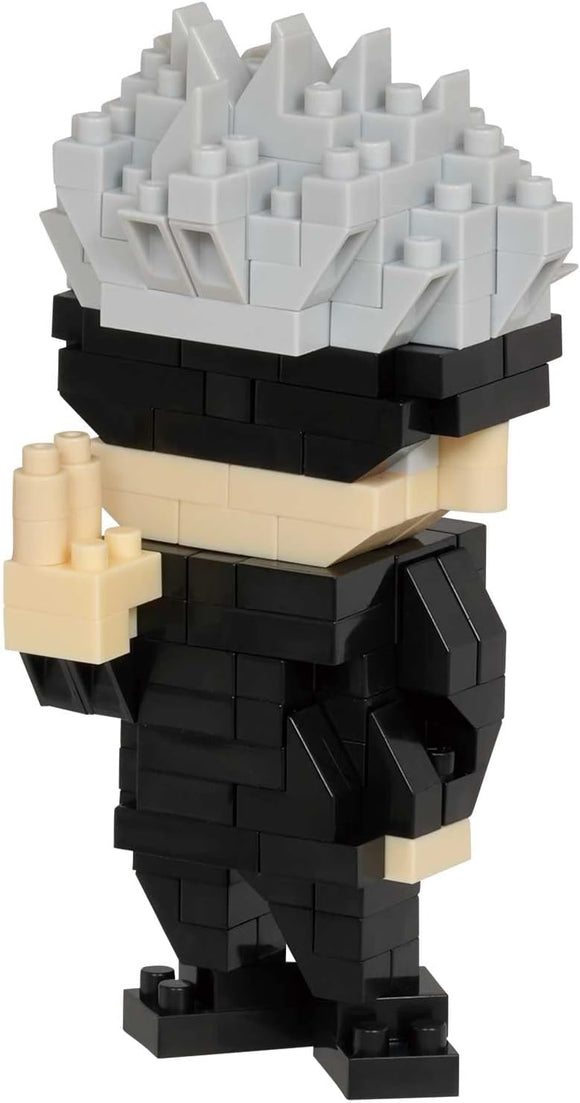 Nanoblock Satoru Gojo DIY kit featuring an intricately designed block figurine of the popular character from Jujutsu Kaisen. The figure showcases Gojo's signature hairstyle and attire, made with detailed and colorful Nanoblocks suitable for building enthusiasts.