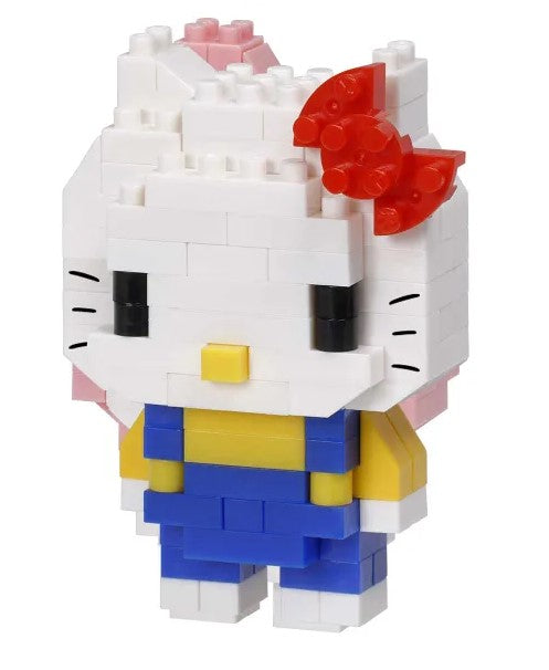 Nanoblock Hello Kitty V.2 DIY kit featuring a three-dimensional, block-based model of Hello Kitty. The model showcases Hello Kitty with a red bow, blue overalls, and a cheerful expression, perfect for fans of the character and block building enthusiasts.