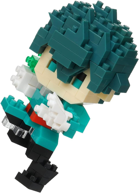 Nanoblock Izuku Midoriya building kit, featuring intricately designed blocks that create a detailed model of Izuku in a dynamic pose, showcasing his signature green hair and costume details.