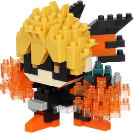 Nanoblock Katsuki Bakugo DIY kit featuring a detailed miniature model. The character has spiky blonde hair and is depicted with fiery orange explosions from his hands.