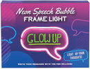 A vibrant Neon Speech Bubble Frame Light by Fizz Creations Inc., featuring a glowing neon pink frame with a bright green message saying "GLOW UP". The background showcases colorful speech bubble designs, inviting users to write custom messages using the included pen. Perfect for home decor or as a fun gift, this light adds a playful touch to any space.