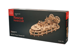 UGears Rescue Hovercraft DIY kit featuring a detailed wooden model. The box showcases intricate parts of the mechanical hovercraft with 383 pieces, designed for easy assembly without glue, emphasizing creativity and engineering skills.