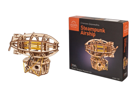 The UGears Steampunk Airship is a detailed DIY kit featuring an intricately designed wooden airship model. Made of plywood, it consists of 170 pieces, requiring no glue for assembly. Its steampunk aesthetic showcases gears, moving parts, and a vintage design, making it a fantastic project for hobbyists and enthusiasts.