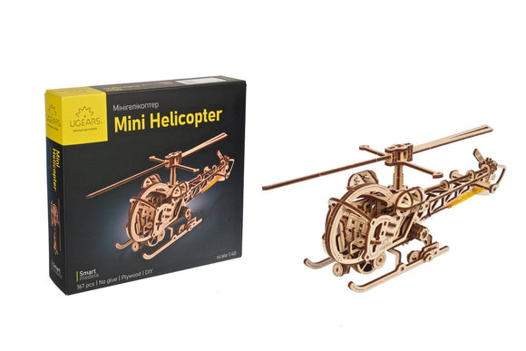 UGears Mini Helicopter DIY kit featuring a detailed, intricately designed wooden model helicopter. The kit includes 167 laser-cut pieces made from high-quality plywood for easy assembly without glue.