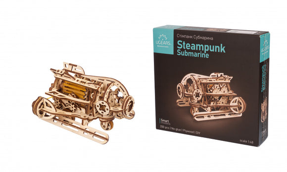 UGears Steampunk Submarine DIY kit, made of intricately designed plywood pieces. The submarine model showcases a unique steampunk aesthetic with gears and pipes, perfect for mechanical enthusiasts.