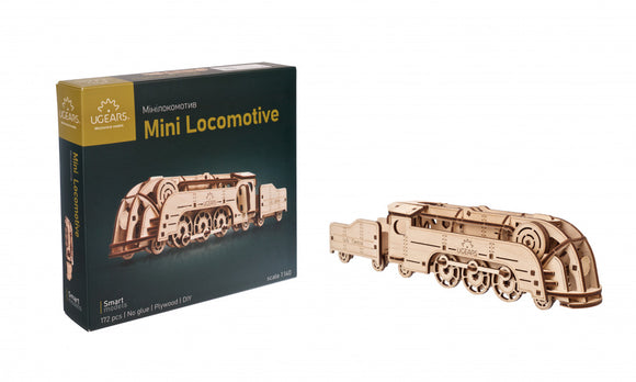 UGears Mini Locomotive DIY kit featuring a detailed wooden train model. The kit includes 172 pieces and requires no glue for assembly, showcasing intricate design and engineering.